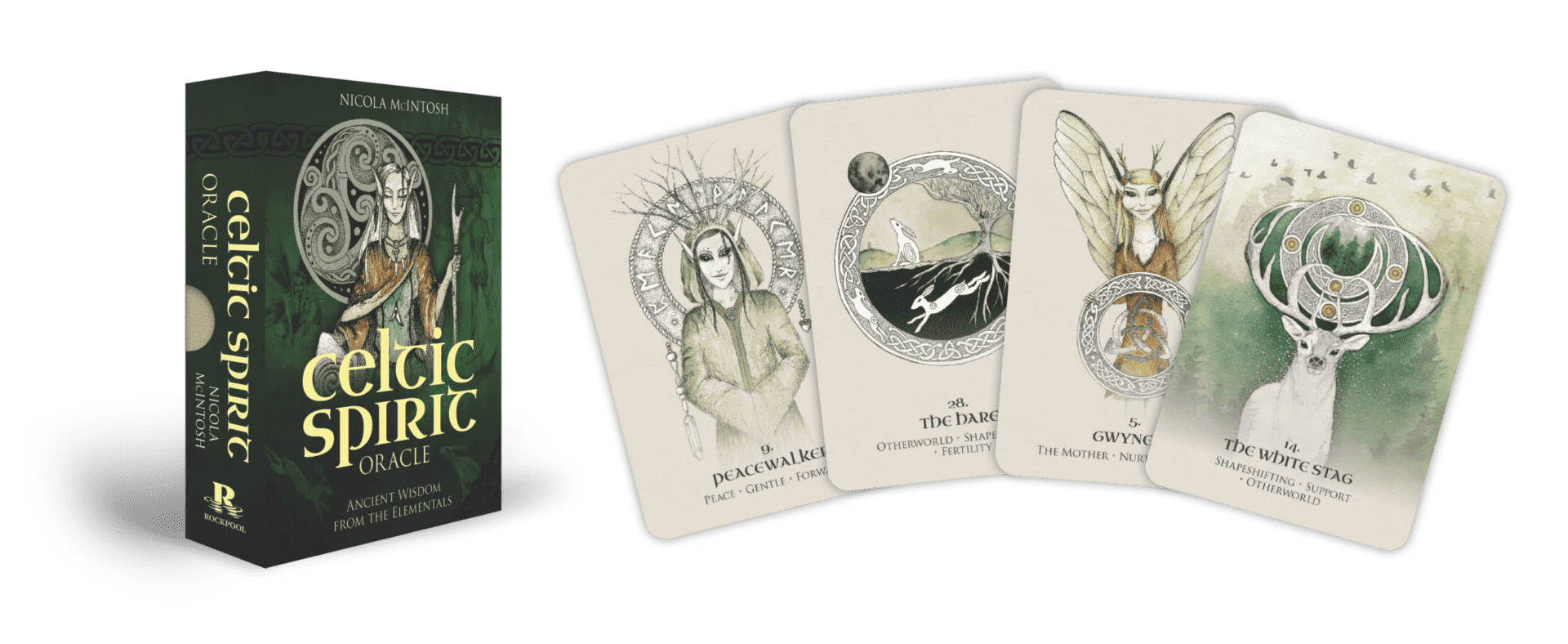 Celtic Spirit Oracle card deck displayed alongside its companion guidebook with forest scene on the cover