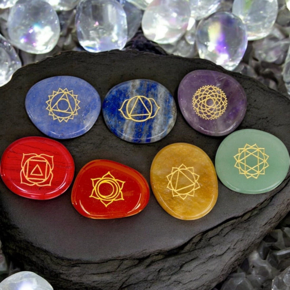 Chakra Worry Stone Crystal Set – 7 Engraved Healing Stones for Meditation &amp; Balance