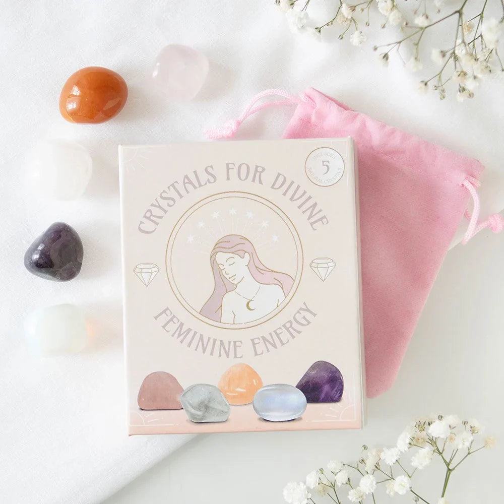 Crystals for Divine Feminine Energy – 5-Piece Crystal Set with Velvet Pouch