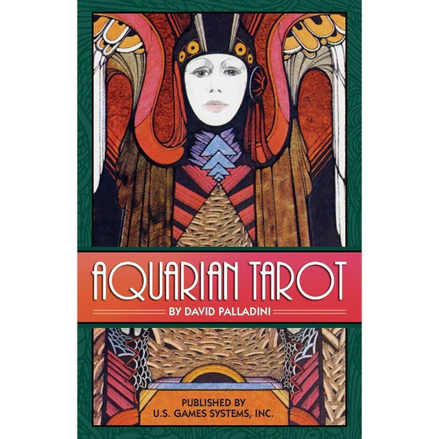 Aquarian Tarot card featuring Art Deco figure with ornate headdress in stained-glass style by David Palladini, 1970 U.S. Games Systems classic deck.