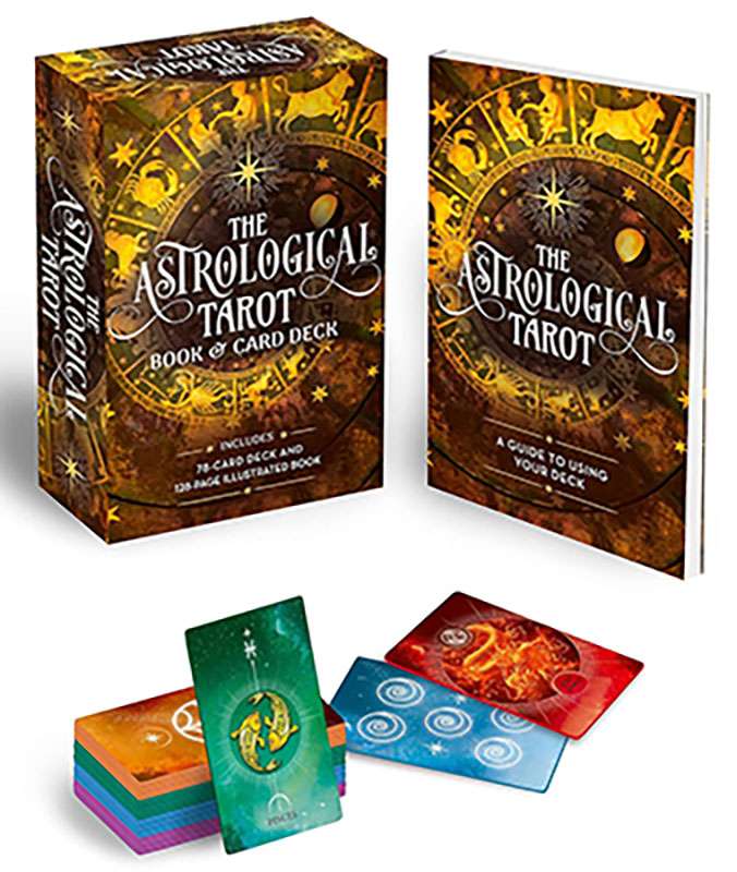 Astrological Tarot Deck &amp; Book Set showing the box and guidebook with zodiac-themed tarot card imagery and astrological symbols.