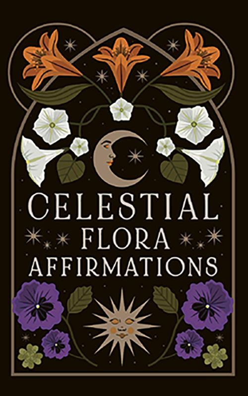 Celestial Flora Affirmations card deck design with vibrant botanical flowers and celestial symbols on a dark background, for daily affirmation and floriography guidance.