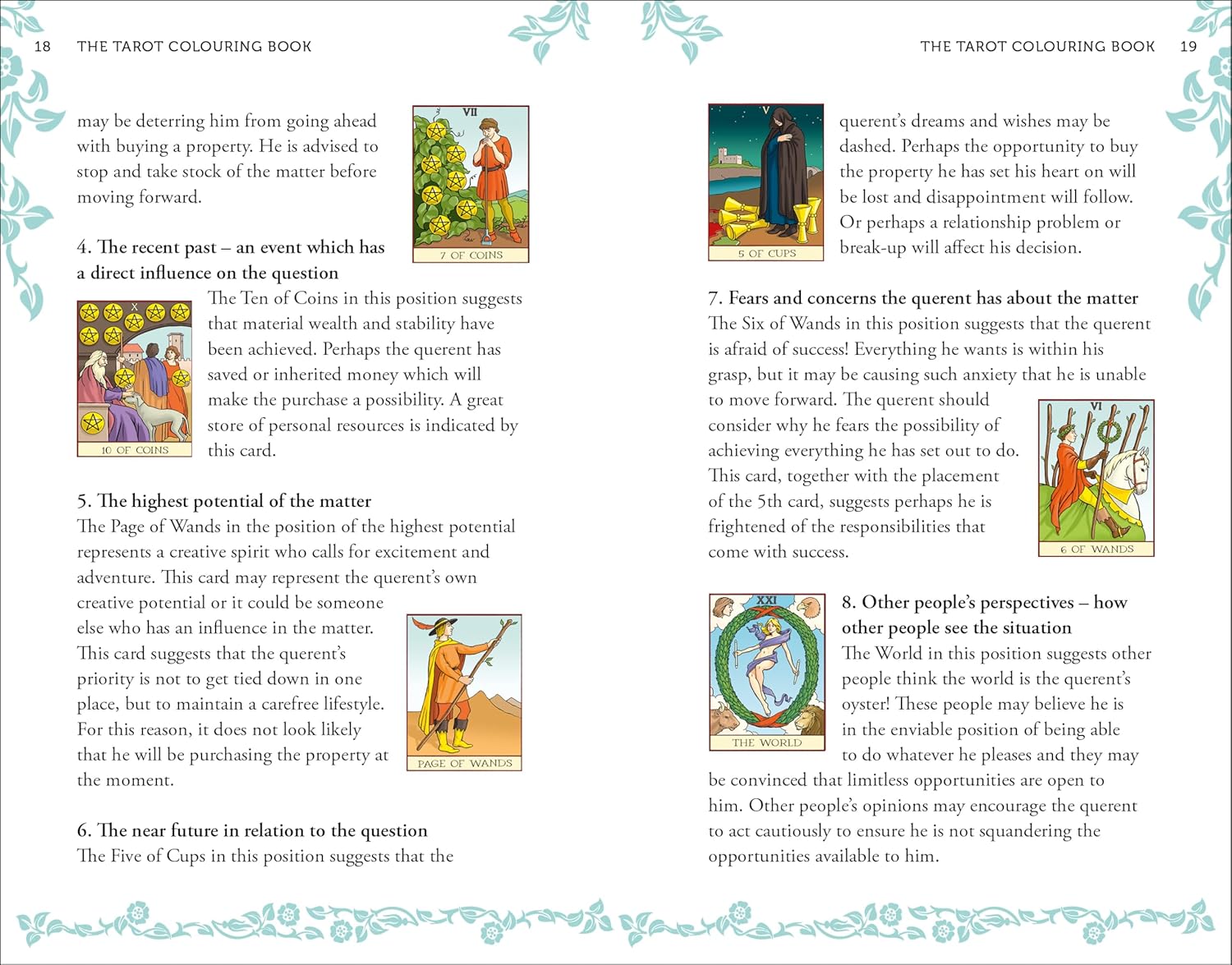 Illustrated guidebook spread with multiple scene vignettes and activity prompts for coloring and learning tarot card symbolism.