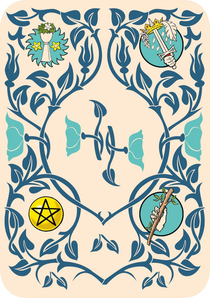 Tarot card back design with floral motifs and four circular suit symbols — angel, sword, pentagram, and staff in whimsical colorful style.