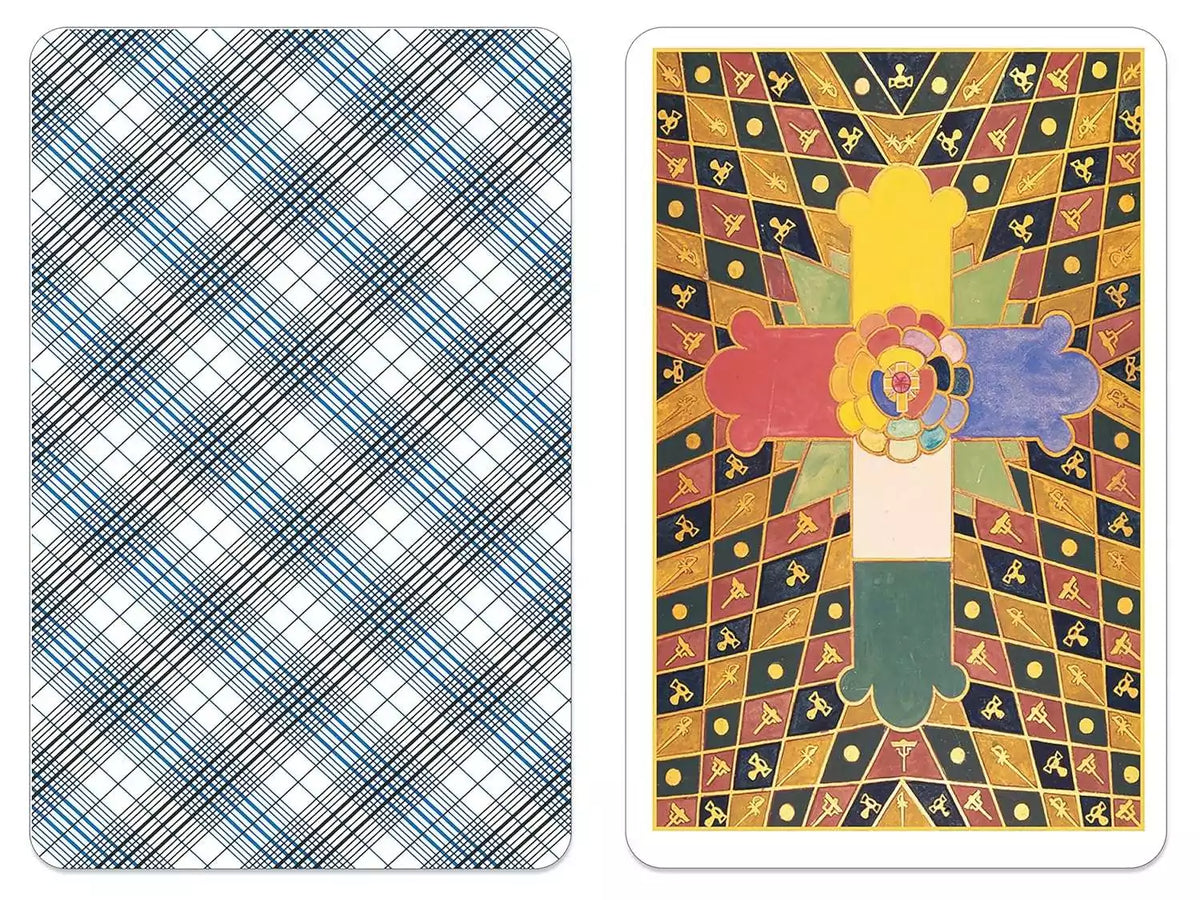 Tarot card back design featuring a colorful geometric cross with floral elements — plaid blue reverse pattern shown alongside.