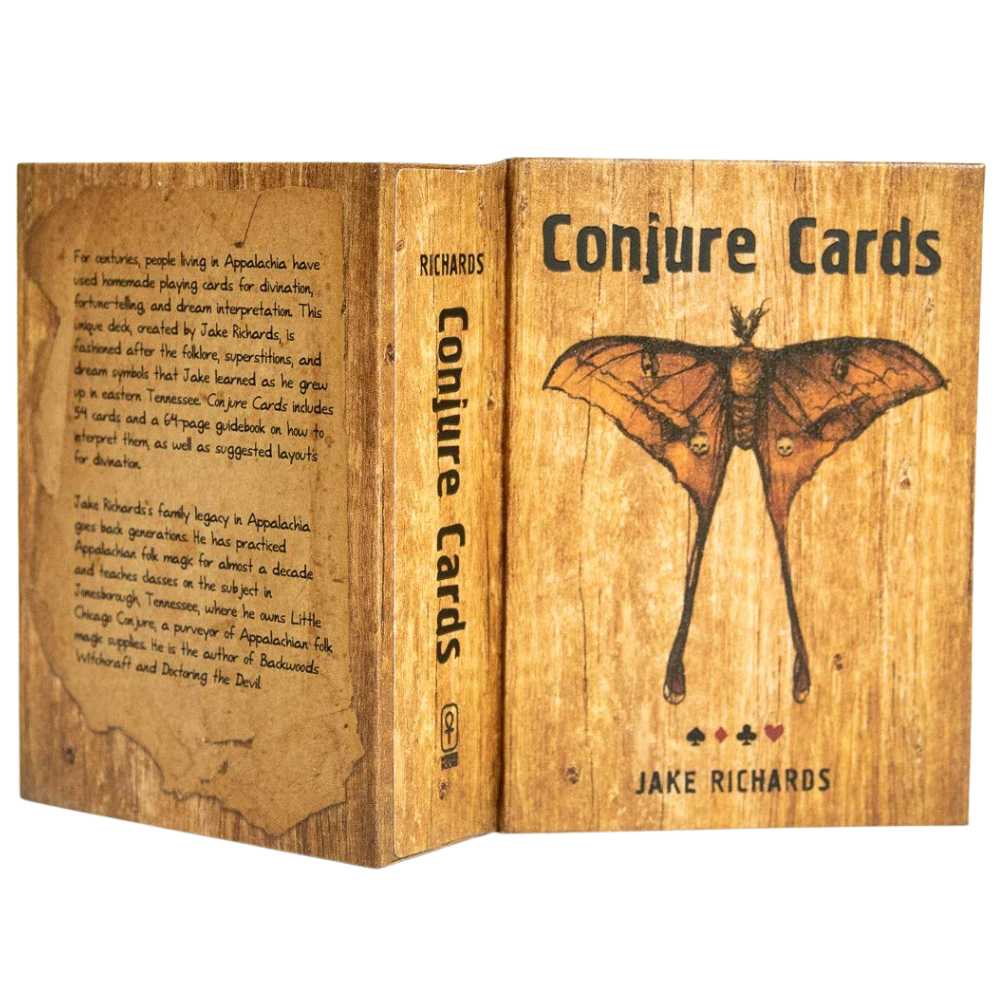 Vintage-style box cover for Conjure Cards by Jake Richards with a butterfly illustration and folk magic hand-lettered title.