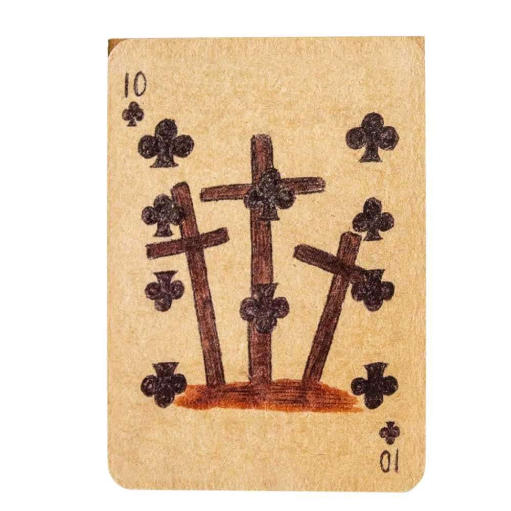 Playing card from Conjure Cards showing three crosses and club suit symbols with the number 10 at top and bottom in folk magic card style.