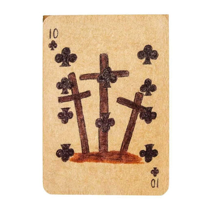 Playing card from Conjure Cards showing three crosses and club suit symbols with the number 10 at top and bottom in folk magic card style.