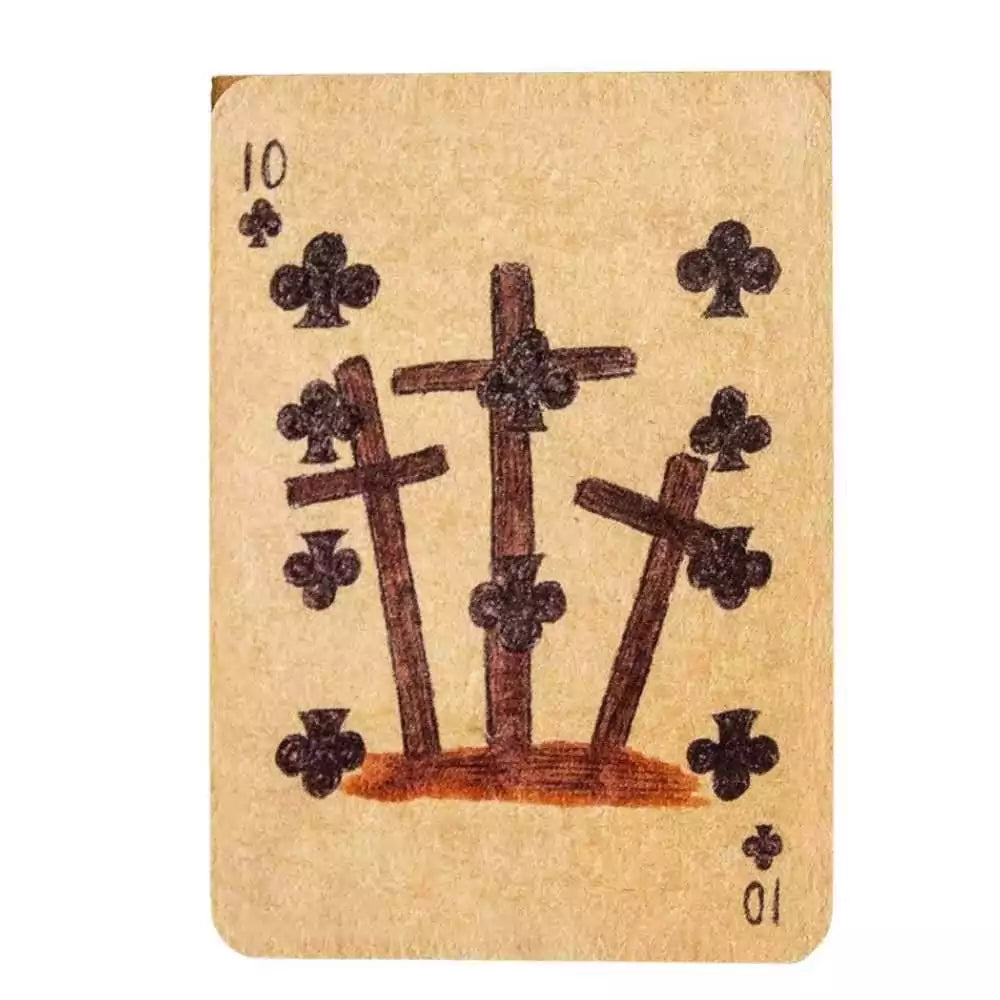 Playing card from Conjure Cards showing three crosses and club suit symbols with the number 10 at top and bottom in folk magic card style.