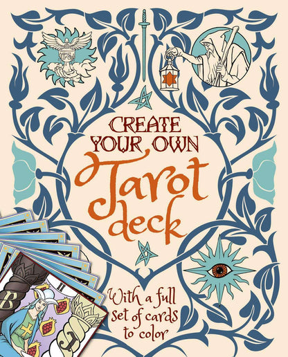 Create Your Own Tarot Deck coloring kit cover featuring illustrated tarot card borders and the product title.