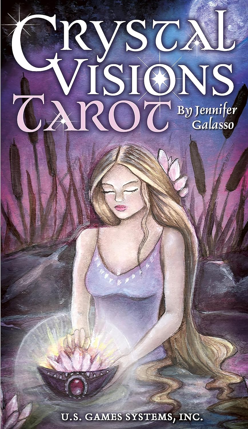 Crystal Visions Tarot box cover by Jenifer Galasso showing a mystical woman holding a glowing crystal bowl surrounded by lily pads and ethereal nature imagery.