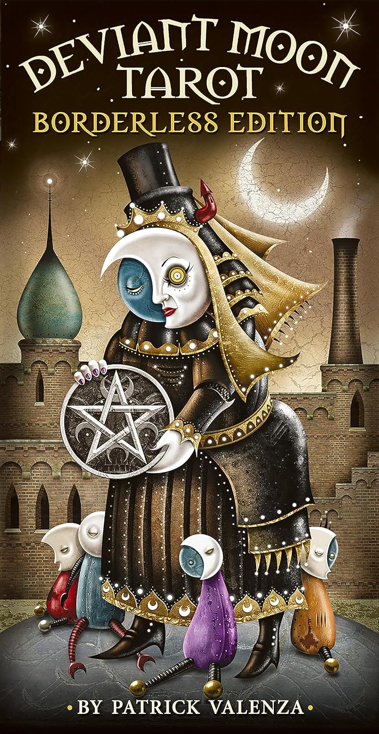 Deviant Moon Borderless Tarot card showing a whimsical character in a tall hat with a moonlit surreal cityscape behind