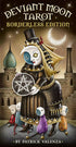 Deviant Moon Borderless Tarot card showing a whimsical character in a tall hat with a moonlit surreal cityscape behind