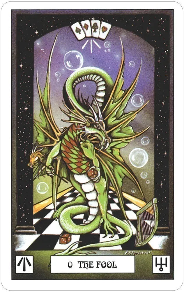Dragon Tarot The Fool card featuring a fantastical illustrated dragon in a whimsical cliff-top scene
