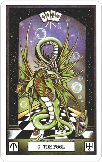 Dragon Tarot The Fool card featuring a fantastical illustrated dragon in a whimsical cliff-top scene