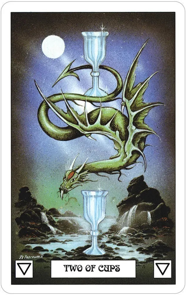 Dragon Tarot card showing a dragon entwining two goblets against a mystical backdrop of moonlit water