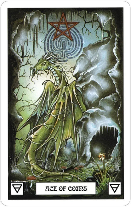 Dragon Tarot card showing a green dragon standing in a mystical vine-covered cave casting a soft glow