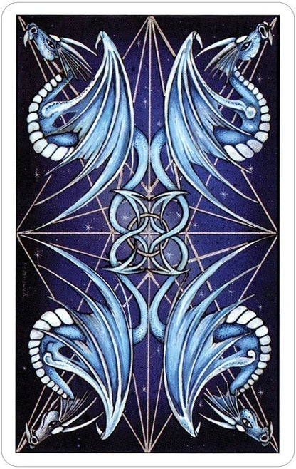 Dragon Tarot card featuring two stylized blue dragons facing each other in a symmetrical heraldic design