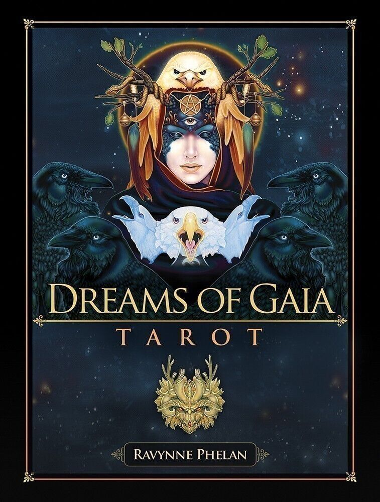 Dreams of Gaia Tarot deck cover featuring a central nature-adorned figure flanked by ravens and an eagle — vibrant, intricately detailed fantasy art.