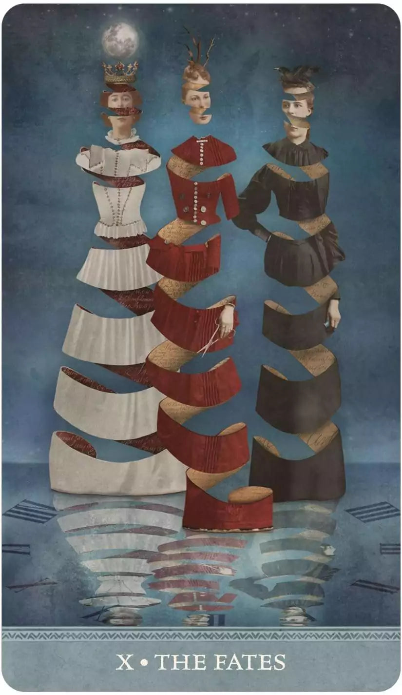 Three elegantly layered figures in vintage clothes standing in a row, from the Dreamkeepers Tarot court cards section.