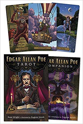 The Edgar Allan Poe Tarot deck and book by Wright and Smith showing a darkly illustrated tarot card with gothic Victorian imagery inspired by Poe&