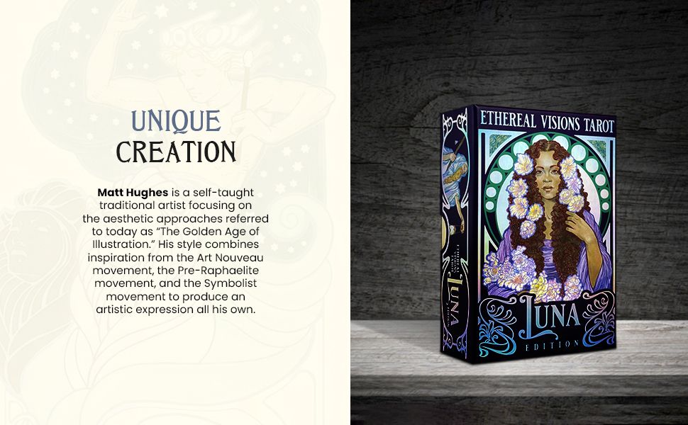 Ethereal Visions Luna Edition tarot deck box with dark wooden background showing iridescent silver foil detailing on the cover.