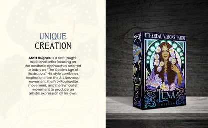 Ethereal Visions Luna Edition tarot deck box with dark wooden background showing iridescent silver foil detailing on the cover.