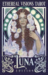 Ethereal Visions Tarot card featuring a woman with flower-adorned hair in Art Nouveau style surrounded by a decorative circular frame.