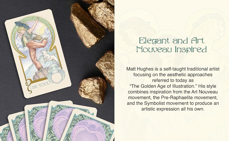 Ethereal Visions Illuminated Tarot card featuring a fluid Art Nouveau figure surrounded by botanical motifs and gold foil borders.