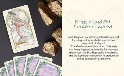 Ethereal Visions Illuminated Tarot card featuring a fluid Art Nouveau figure surrounded by botanical motifs and gold foil borders.