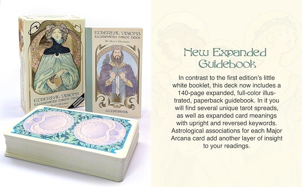 Ethereal Visions Illuminated Tarot deck displayed alongside the expanded guidebook — 80 gold foil cards and companion book spread open.