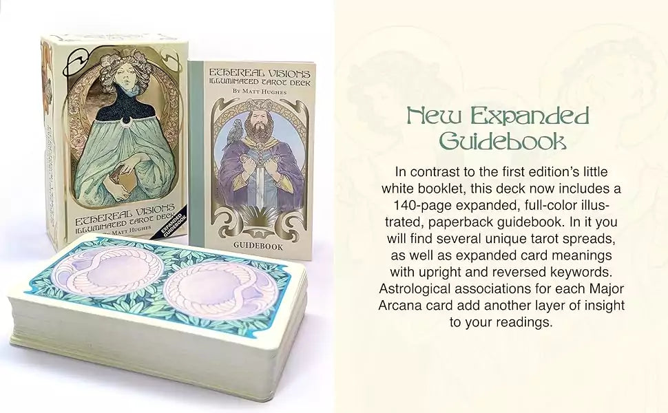 Ethereal Visions Illuminated Tarot deck displayed alongside the expanded guidebook — 80 gold foil cards and companion book spread open.