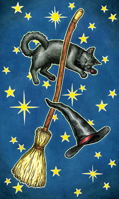 Black cat leaping playfully over a witch&