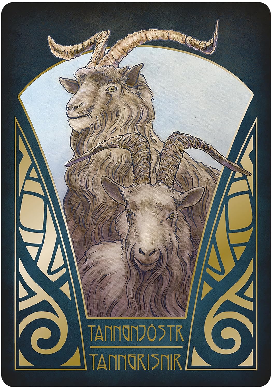 Gjallarhorn Norse Oracle card — two goats with prominent horns illustrated in ornate Art Deco style from the Matt Hughes Norse mythology deck.