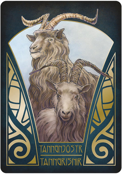 Gjallarhorn Norse Oracle card — two goats with prominent horns illustrated in ornate Art Deco style from the Matt Hughes Norse mythology deck.