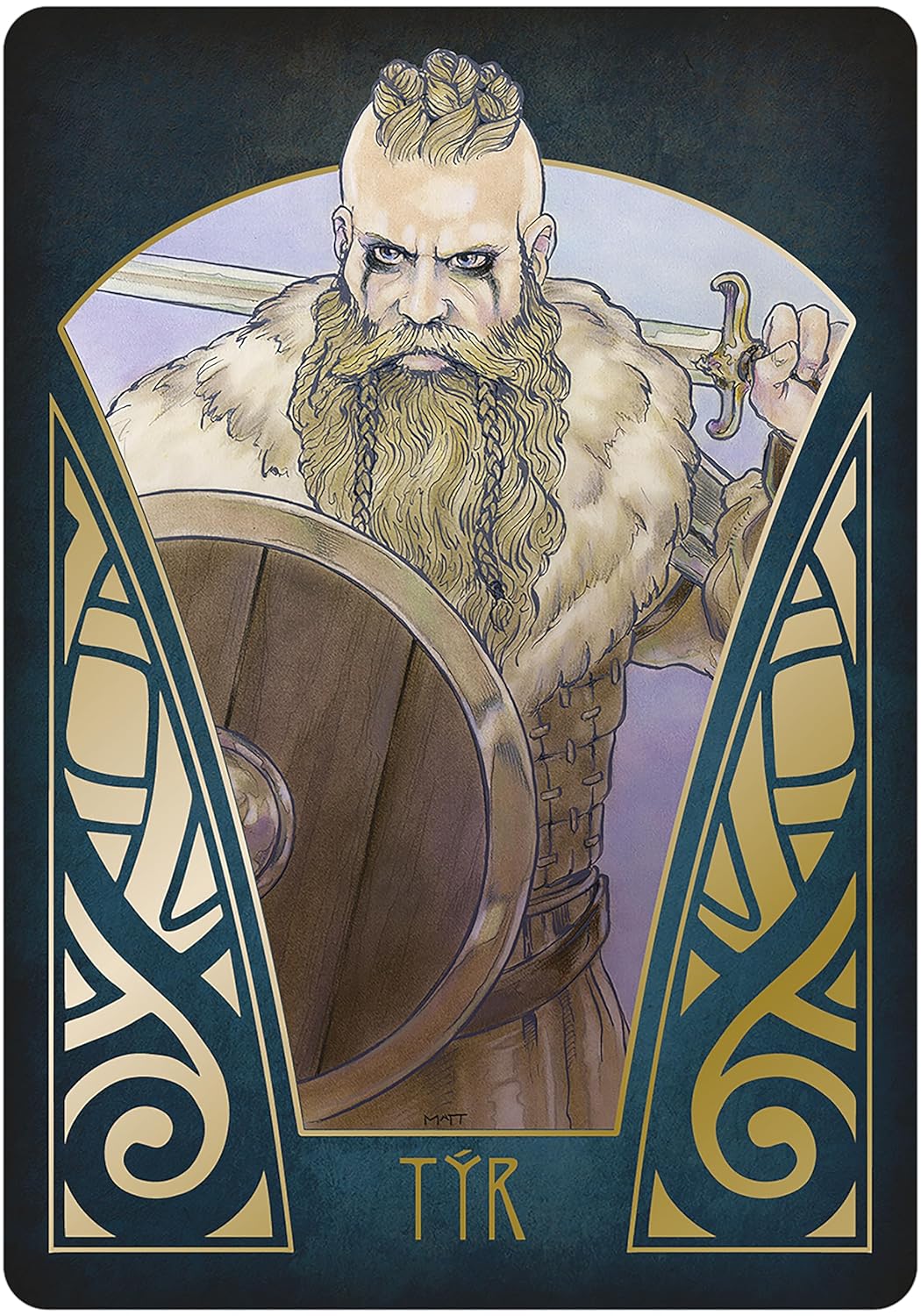 Gjallarhorn Norse Oracle card showing a fierce Norse warrior with sword and shield — Art Deco battle scene from the Matt Hughes oracle deck.