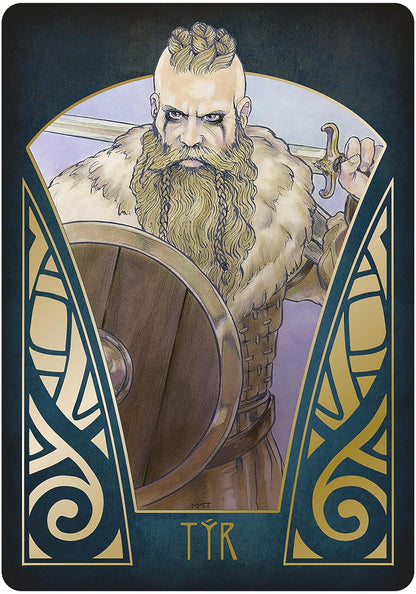 Gjallarhorn Norse Oracle card showing a fierce Norse warrior with sword and shield — Art Deco battle scene from the Matt Hughes oracle deck.