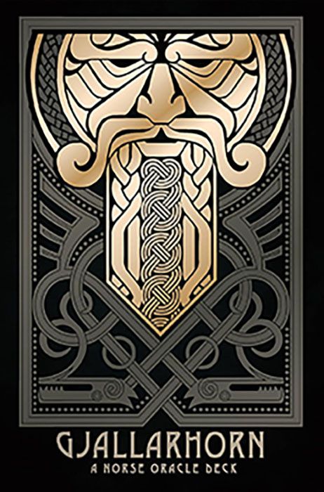 Gjallarhorn Norse Oracle Deck cover — stylized Art Deco illustration of a Norse horn with rune symbols on the 62-card oracle deck packaging.