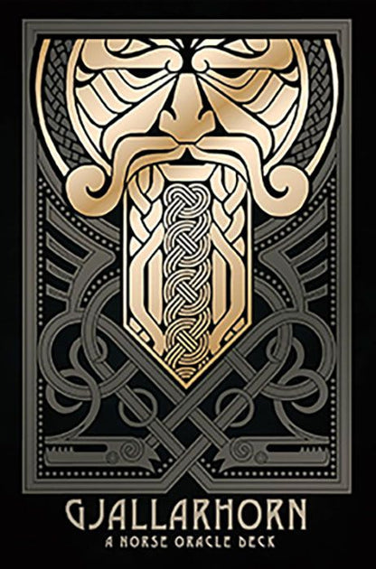 Gjallarhorn Norse Oracle Deck cover — stylized Art Deco illustration of a Norse horn with rune symbols on the 62-card oracle deck packaging.