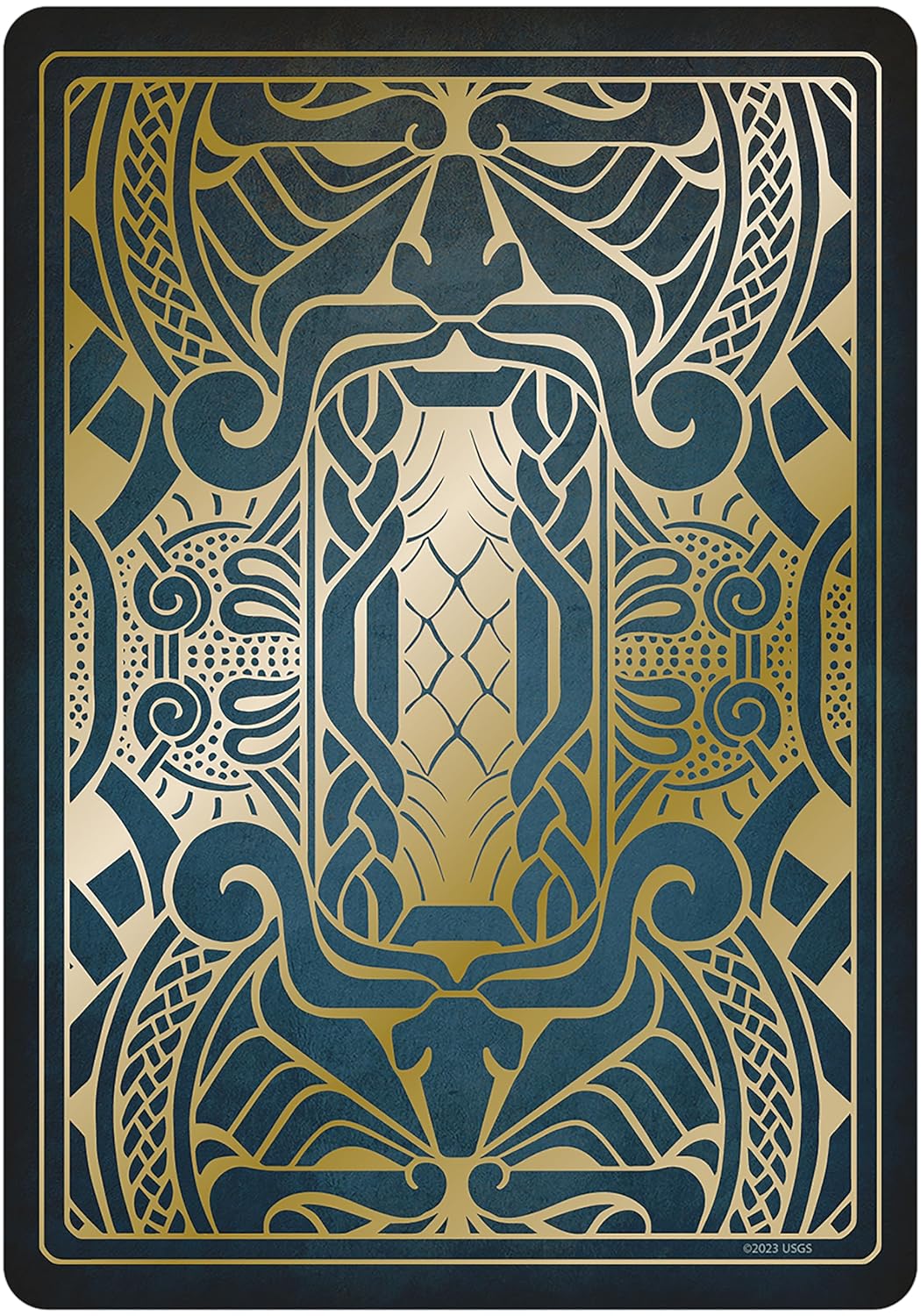 Gjallarhorn Norse Oracle card featuring an intricate symmetrical Art Deco pattern in gold and dark blue with Norse stylized motifs.