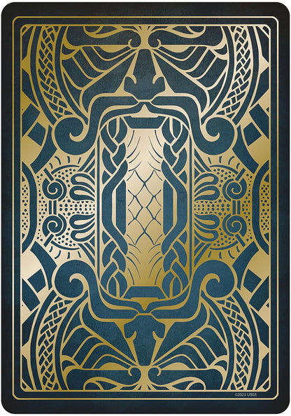 Gjallarhorn Norse Oracle card featuring an intricate symmetrical Art Deco pattern in gold and dark blue with Norse stylized motifs.