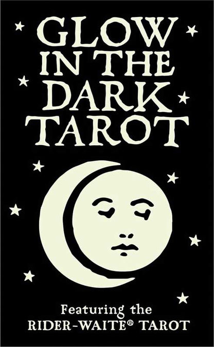 Glow in the Dark Tarot box cover featuring bold white text on black with a stylized moon and face design and scattered stars.