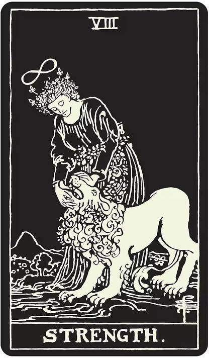 Glow in the Dark Tarot Strength card showing a woman gently holding the head of a lion against a luminous dark background.