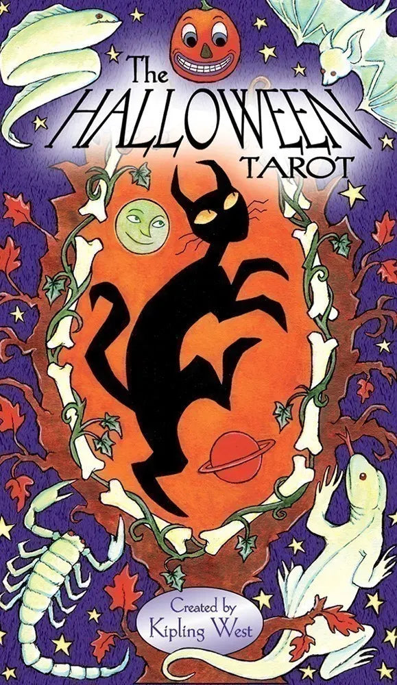 Halloween Tarot deck box by Kipling West, featuring a black cat and jack-o-lantern design