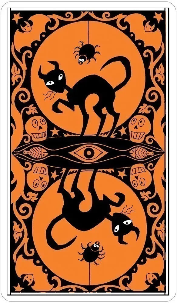 Halloween Tarot card back design by Kipling West, a black cat and spider on an orange background