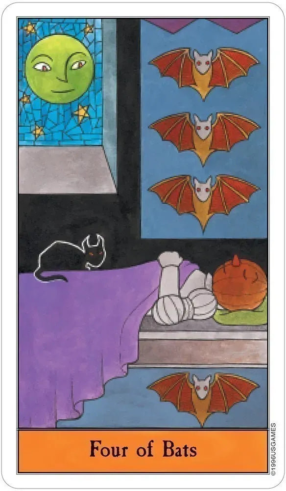 Four of Bats card from the Halloween Tarot by Kipling West, a mummy resting beneath bat imagery