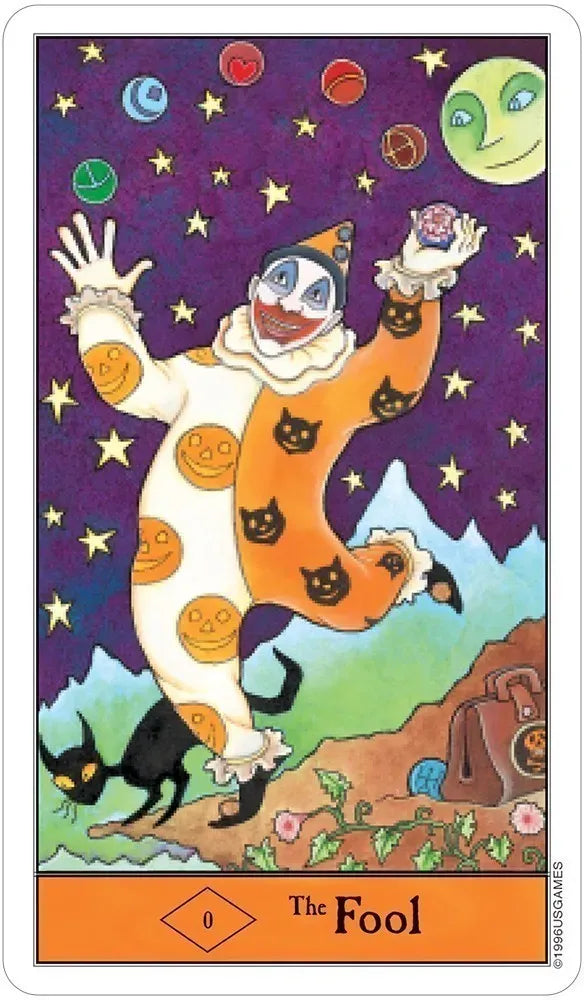 The Fool card from the Halloween Tarot by Kipling West, a clown juggling under a starry sky