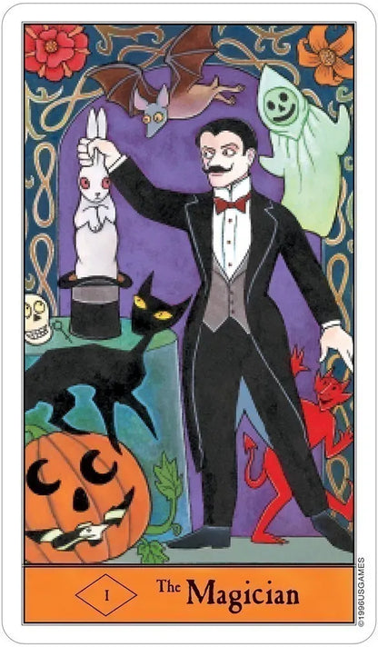The Magician card from the Halloween Tarot by Kipling West, a mustached magician with a rabbit and black cat