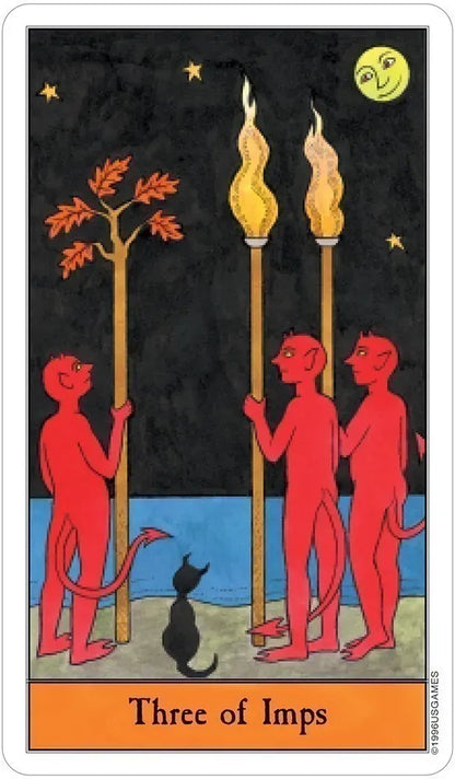 Three of Imps card from the Halloween Tarot by Kipling West, three red devils holding torches