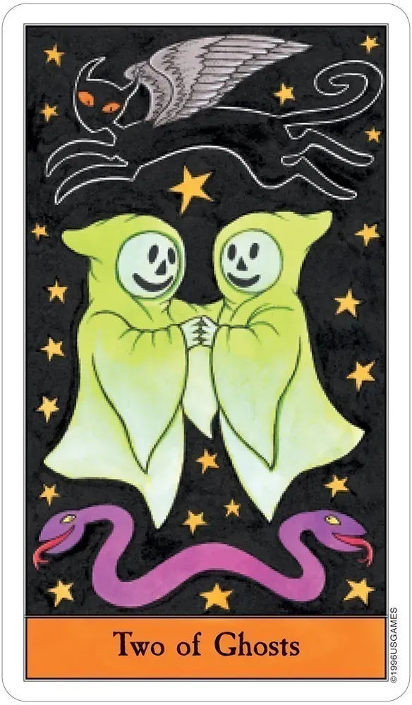 Two of Ghosts card from the Halloween Tarot by Kipling West, two green ghosts embracing